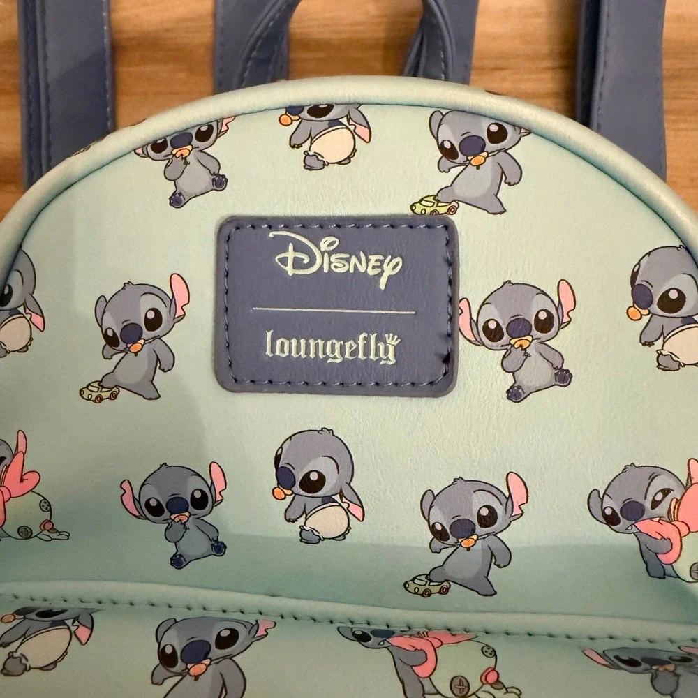 Disney Loungefly‎ Stitch All Over Print Mini Backpack Light Blue Faux Leather
